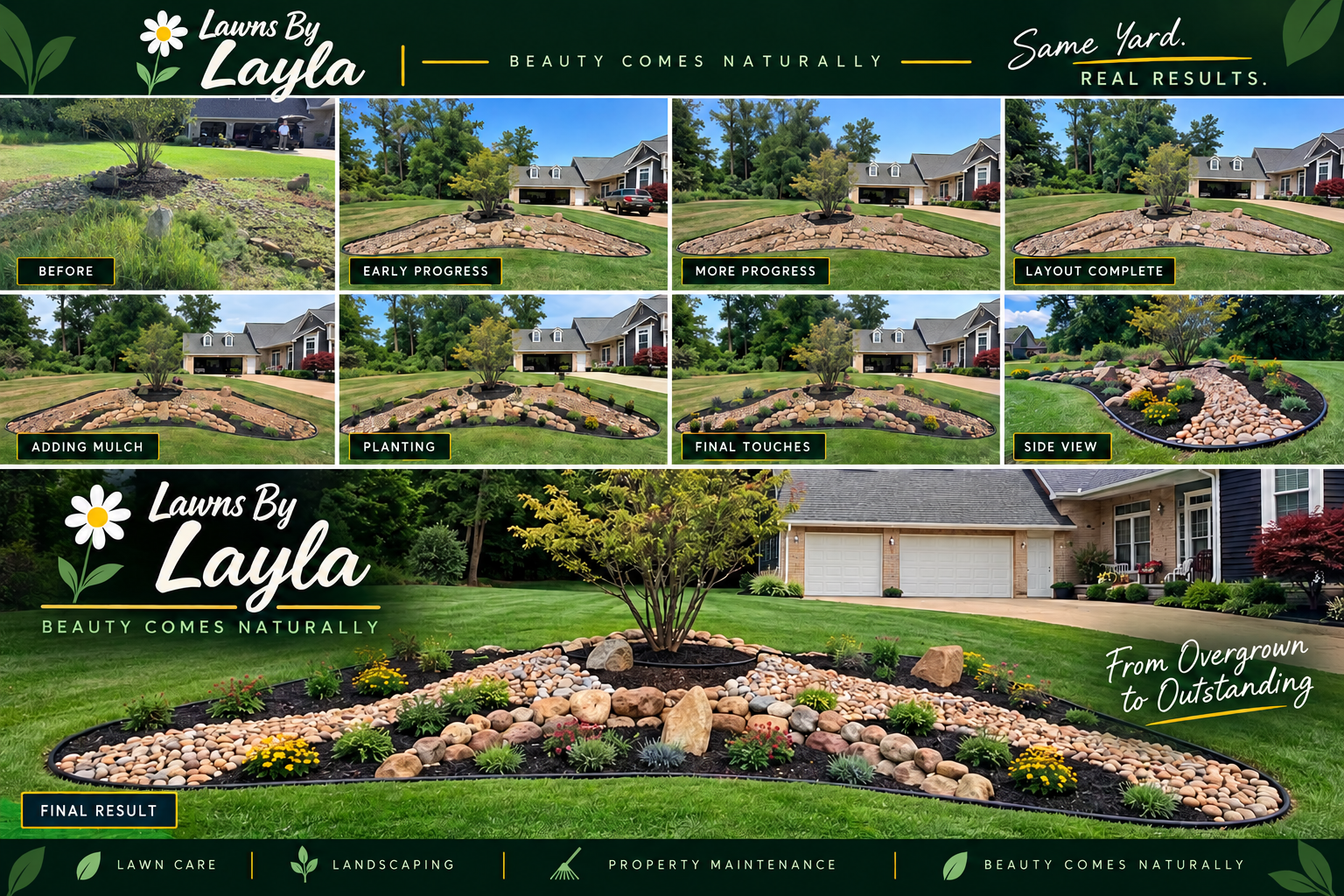 Full yard landscaping transformation collage — from overgrown to outstanding by Lawns By Layla