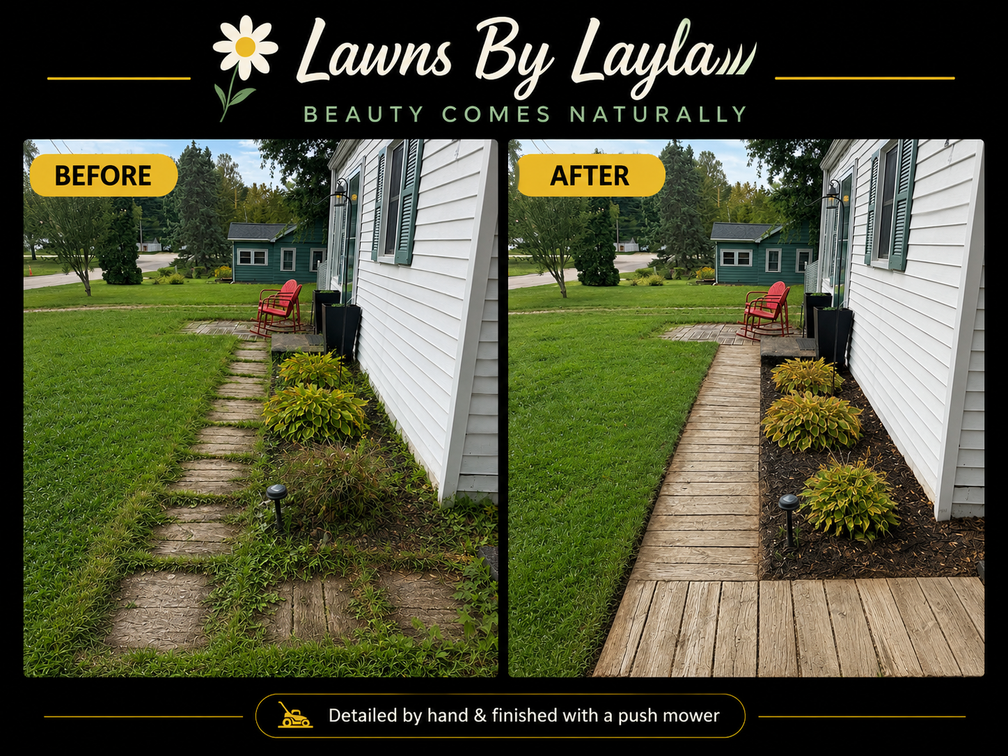 Before and after lawn care transformation — pathway edging and bed cleanup by Lawns By Layla